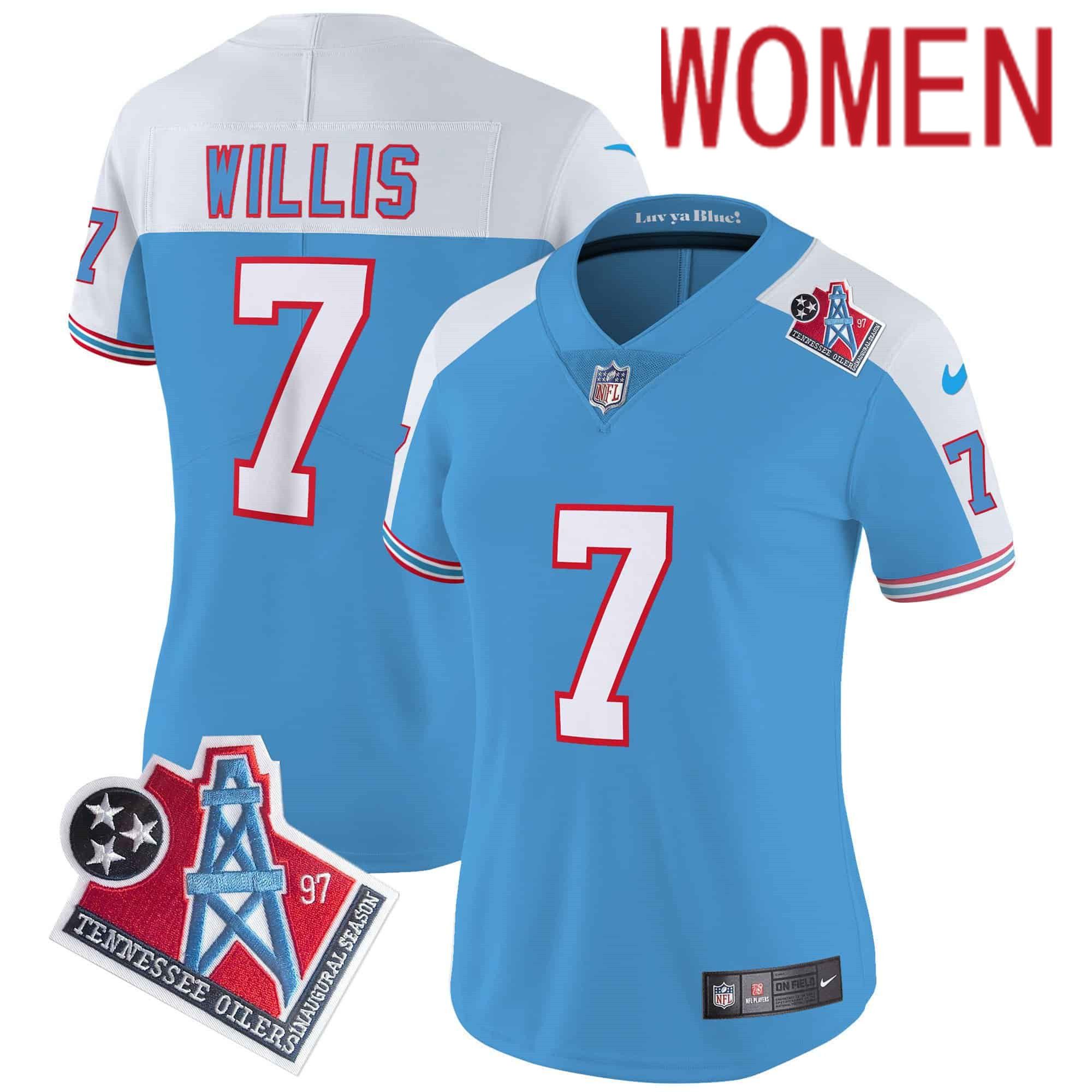 Women Tennessee Titans #7 Willis Light Blue 1997 Throwback 2024 Nike Limited Vapor NFL Jersey style 1->women nfl jersey->Women Jersey